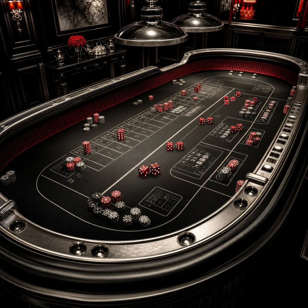 Croupier rakes silver chips across red felt